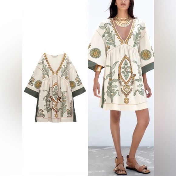 #173 Embroidered Linen Blend Cream and Sage Green Mini Dress - Picture 7 of 12